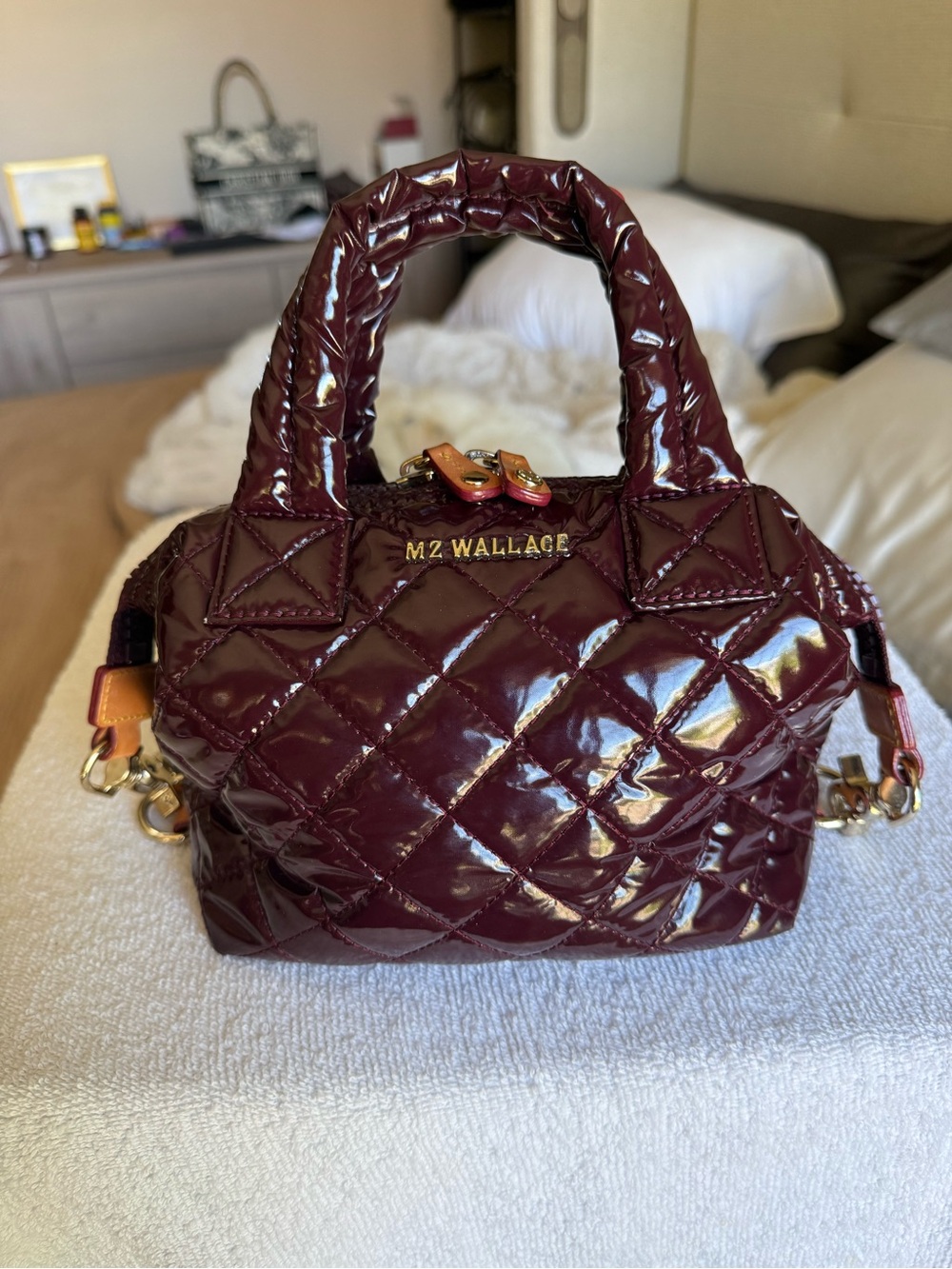 MZ Wallace Quilted Patent Mini Satchel in Burgundy